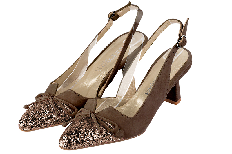 Bronze gold and chocolate brown women's open back shoes, with a knot. Tapered toe. Medium spool heels. Front view - Florence KOOIJMAN